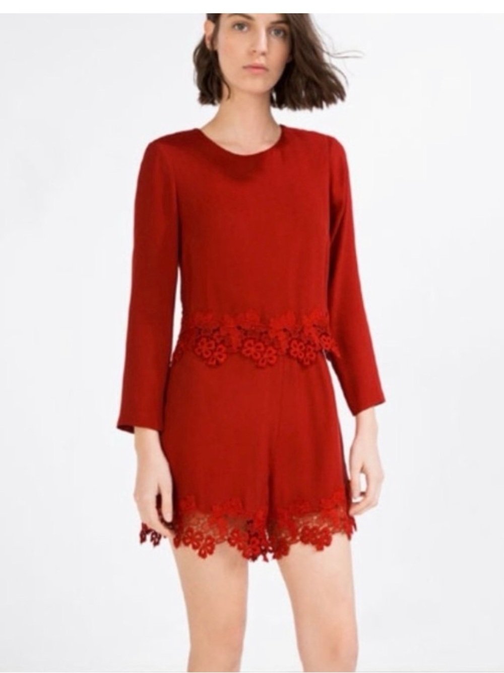 Zara Red Lace-Trim Long Sleeve Romper small